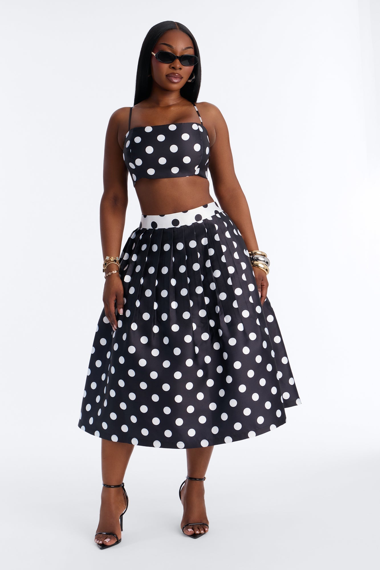 Marielle Pleated Polka Dot Midi Skirt - Black/White