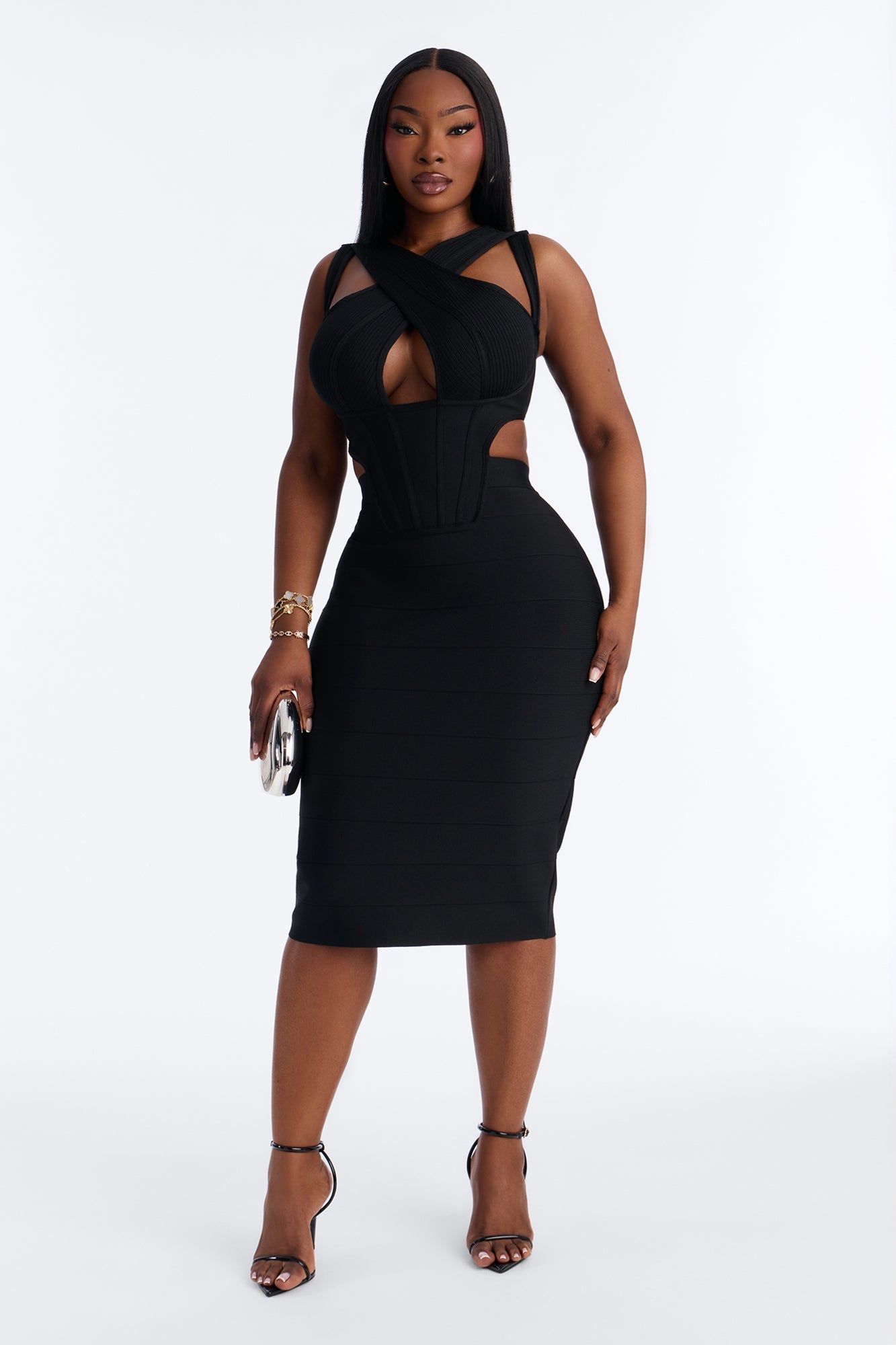 Center Of Attention Cut Out Bandage Midi Dress - Black