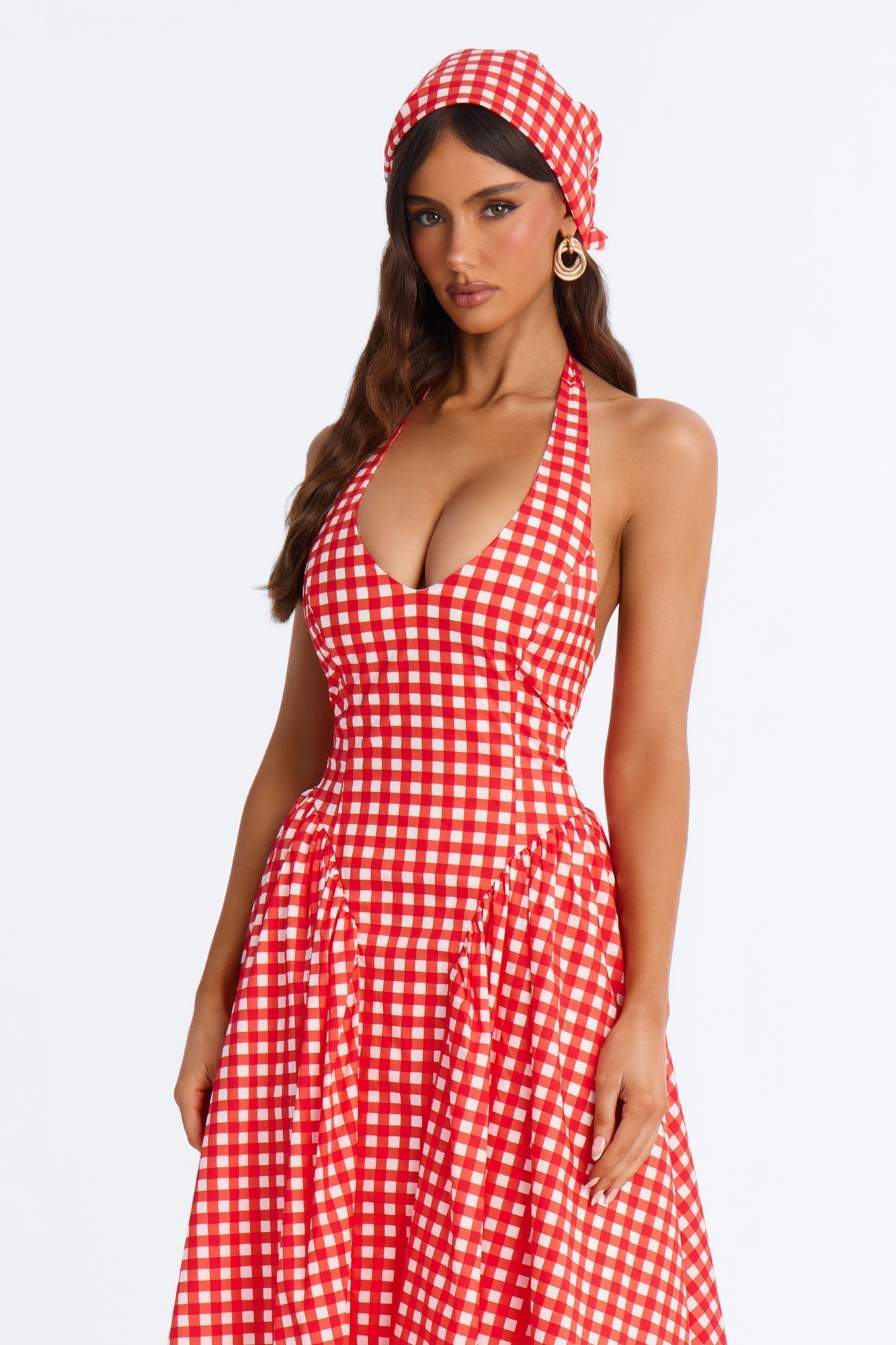 Mara Corset Gingham Midi Dress - Red/combo