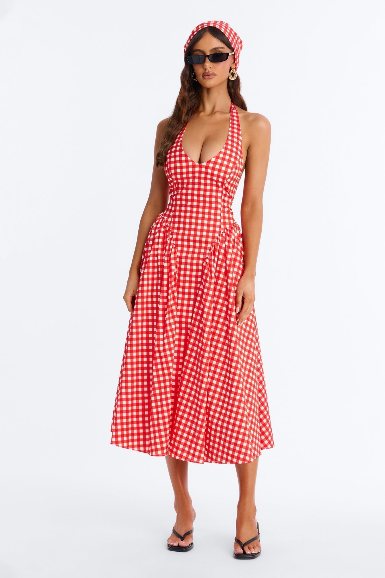 Mara Corset Gingham Midi Dress - Red/combo