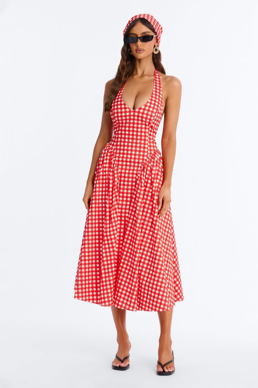 Mara Corset Gingham Midi Dress - Red/combo