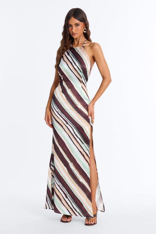 Amanza Backless Satin Maxi Dress - Brown/combo