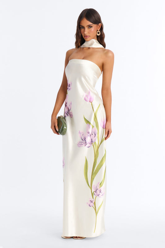 Jelissa Scarf Satin Maxi Dress - Ivory/combo