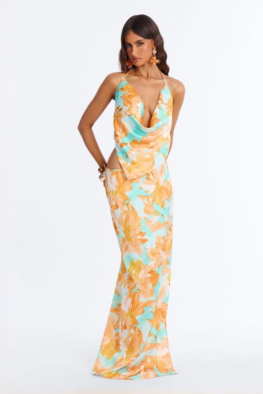 Feel The Moment Backless Satin Maxi Dress - Turquoise/combo