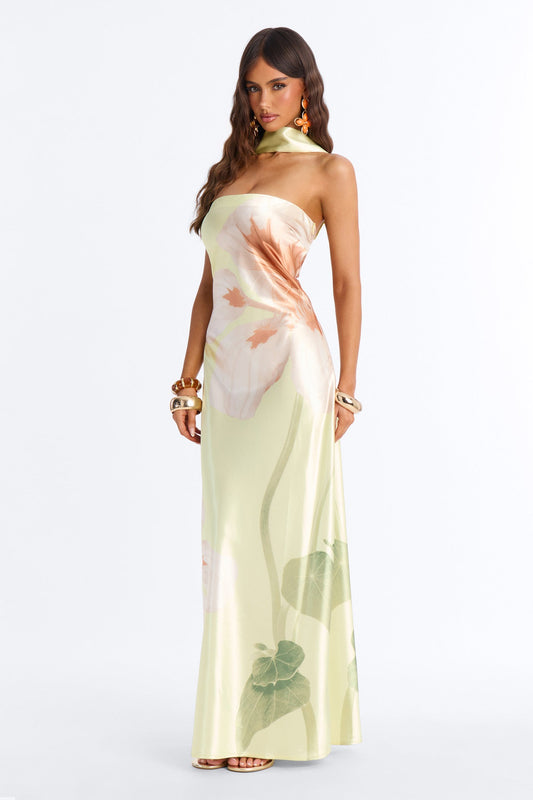 Jelissa Scarf Satin Maxi Dress - Yellow/combo