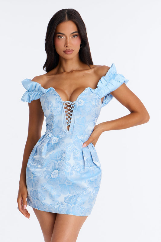 Fiona Floral Jacquard Off Shoulder Mini Dress - Blue