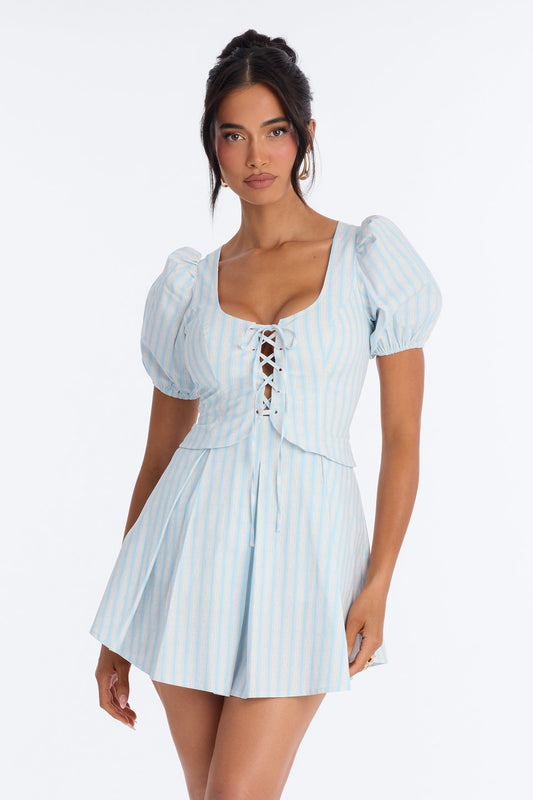 Delilah Poplin Striped Puff Sleeve Mini Dress - Blue/combo