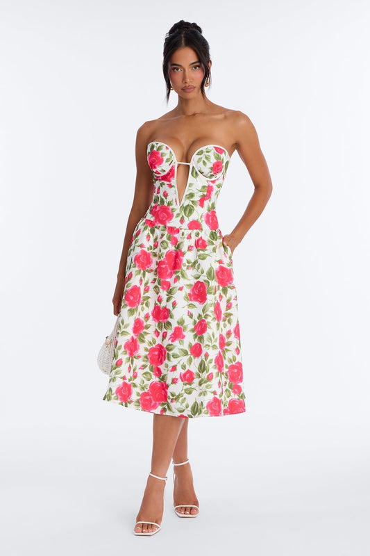 Sweetheart Bloom Satin Floral Midi Dress - Pink/combo