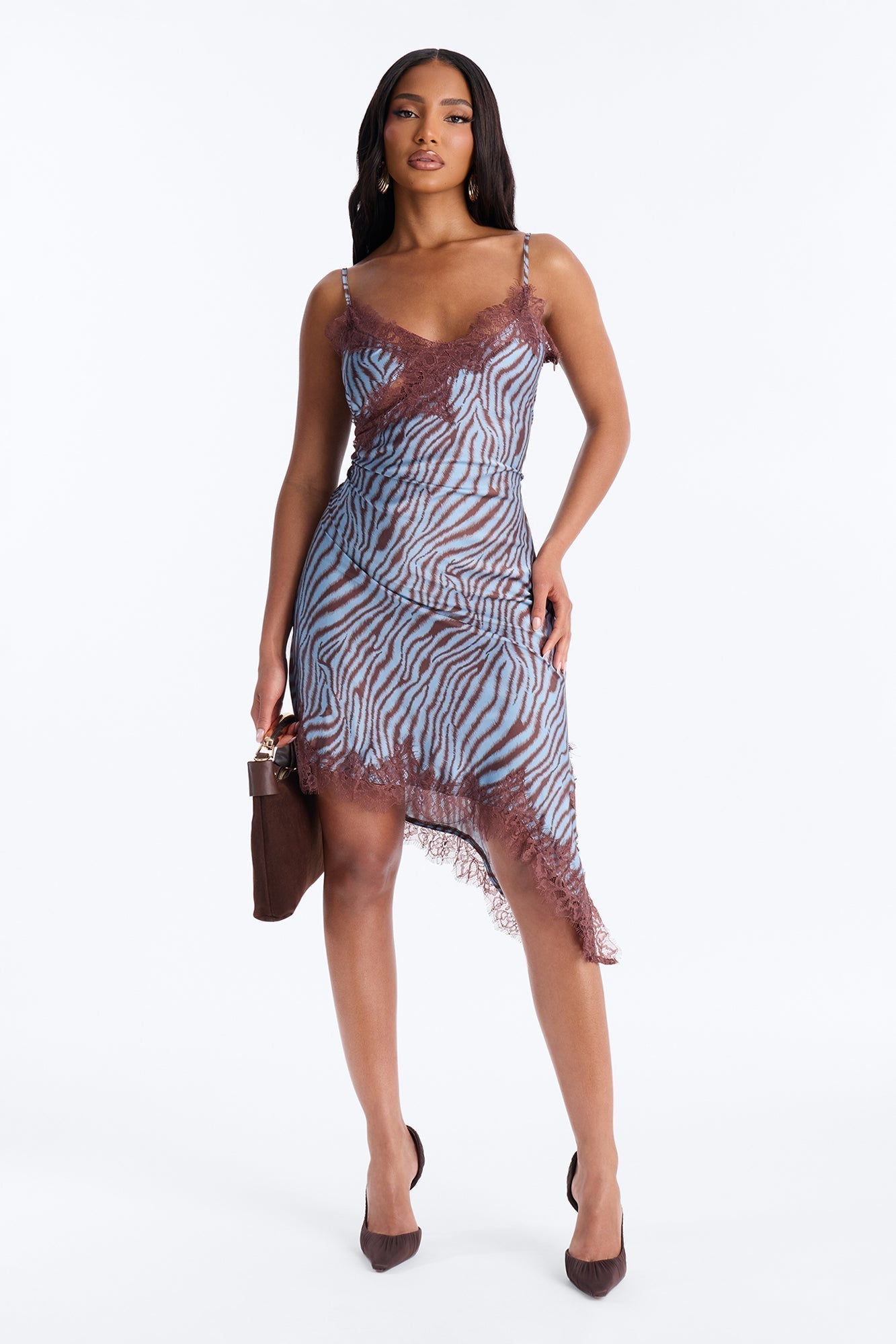 Instinct Only Zebra Satin Midi Dress - Brown/combo