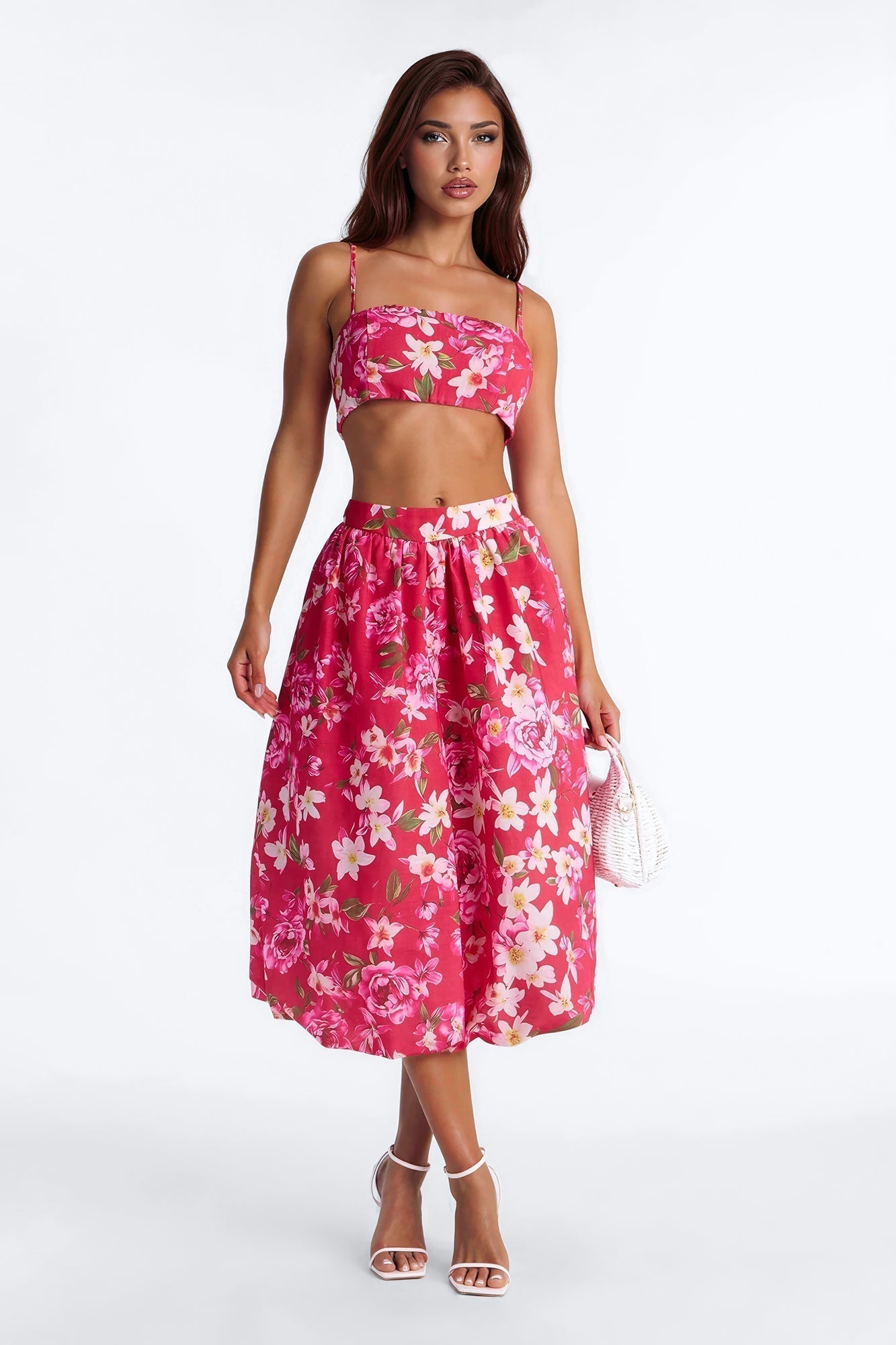 Yvete Floral Linen Bubble Hem Midi Skirt - Pink/combo