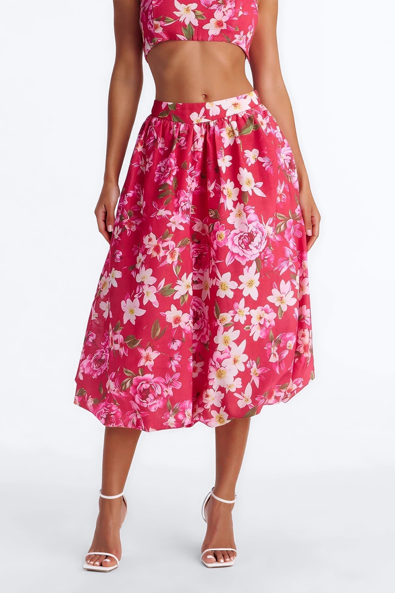 Yvete Floral Linen Bubble Hem Midi Skirt - Pink/combo