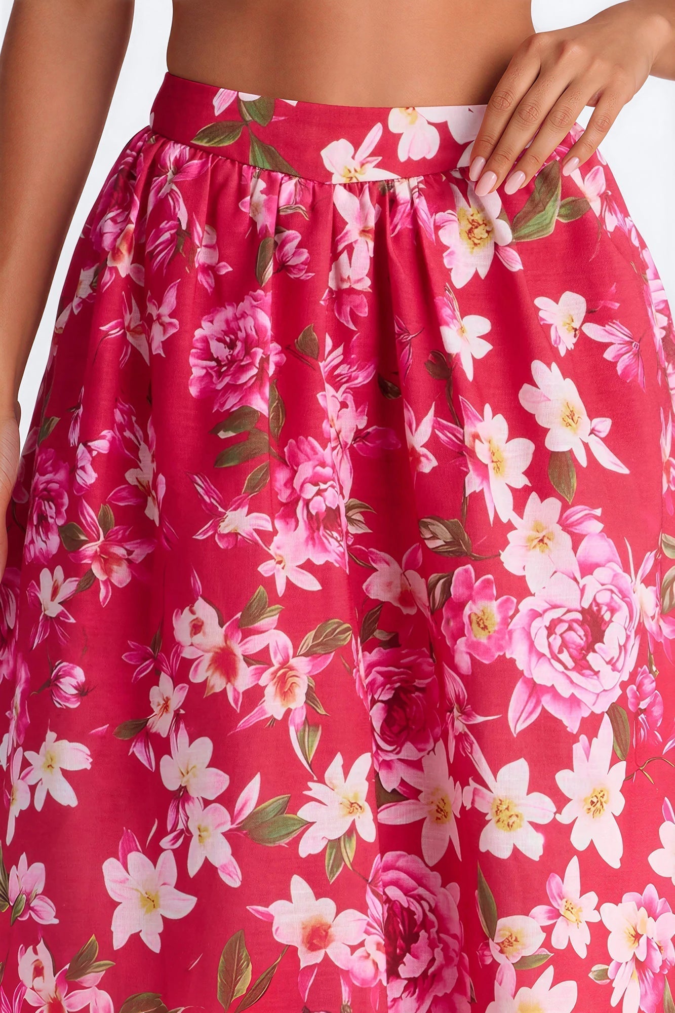 Yvete Floral Linen Bubble Hem Midi Skirt - Pink/combo