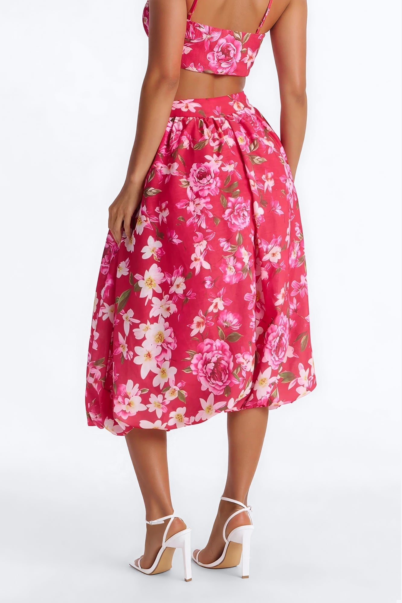 Yvete Floral Linen Bubble Hem Midi Skirt - Pink/combo