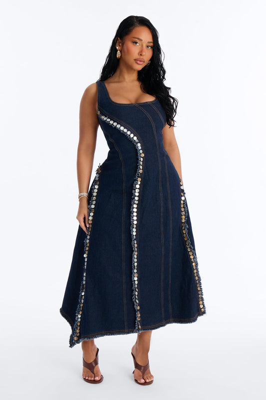Isobel Shell Denim Midi Dress - Dark Wash