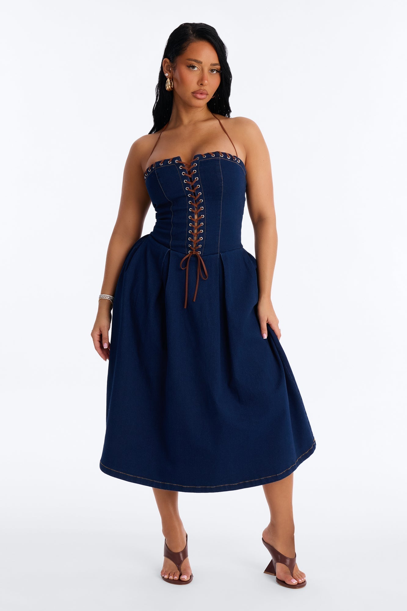 Karolina Lace Up Denim Midi Dress - Dark Wash