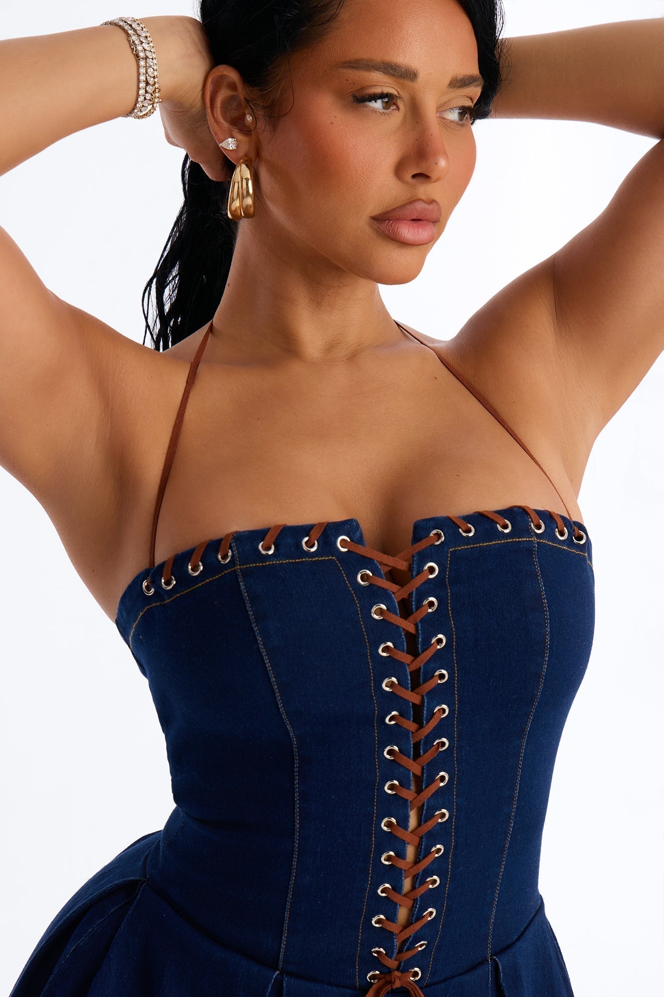 Karolina Lace Up Denim Midi Dress - Dark Wash