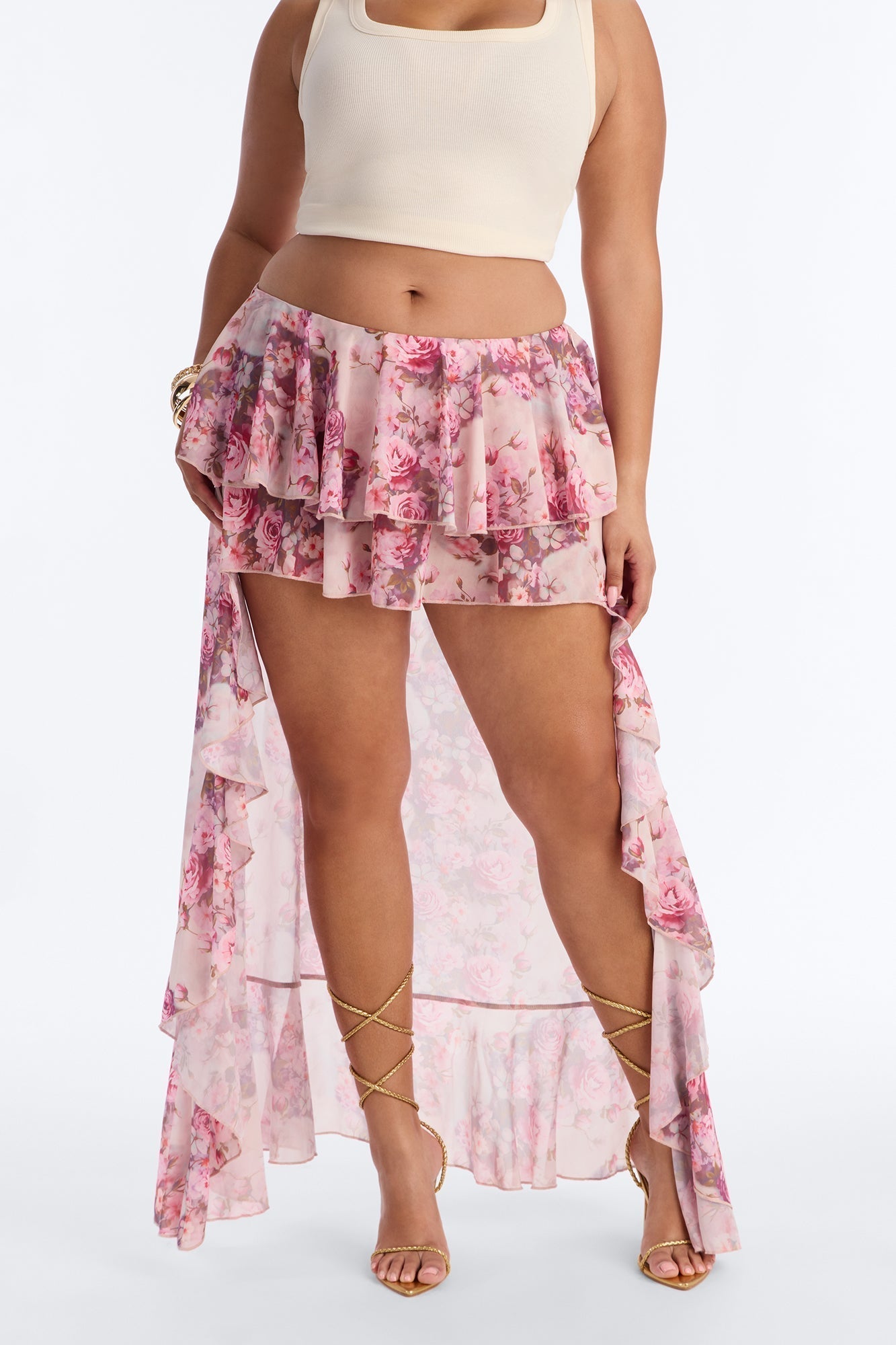 Love For You Floral Chiffon High Low Ruffle Skort - Pink/combo