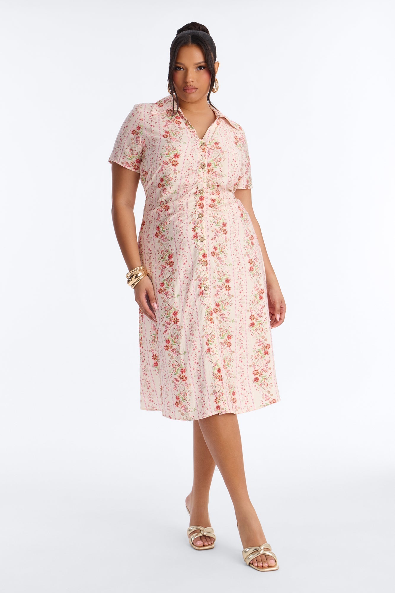 Selene Ruched Floral Midi Shirt Dress - Pink/combo