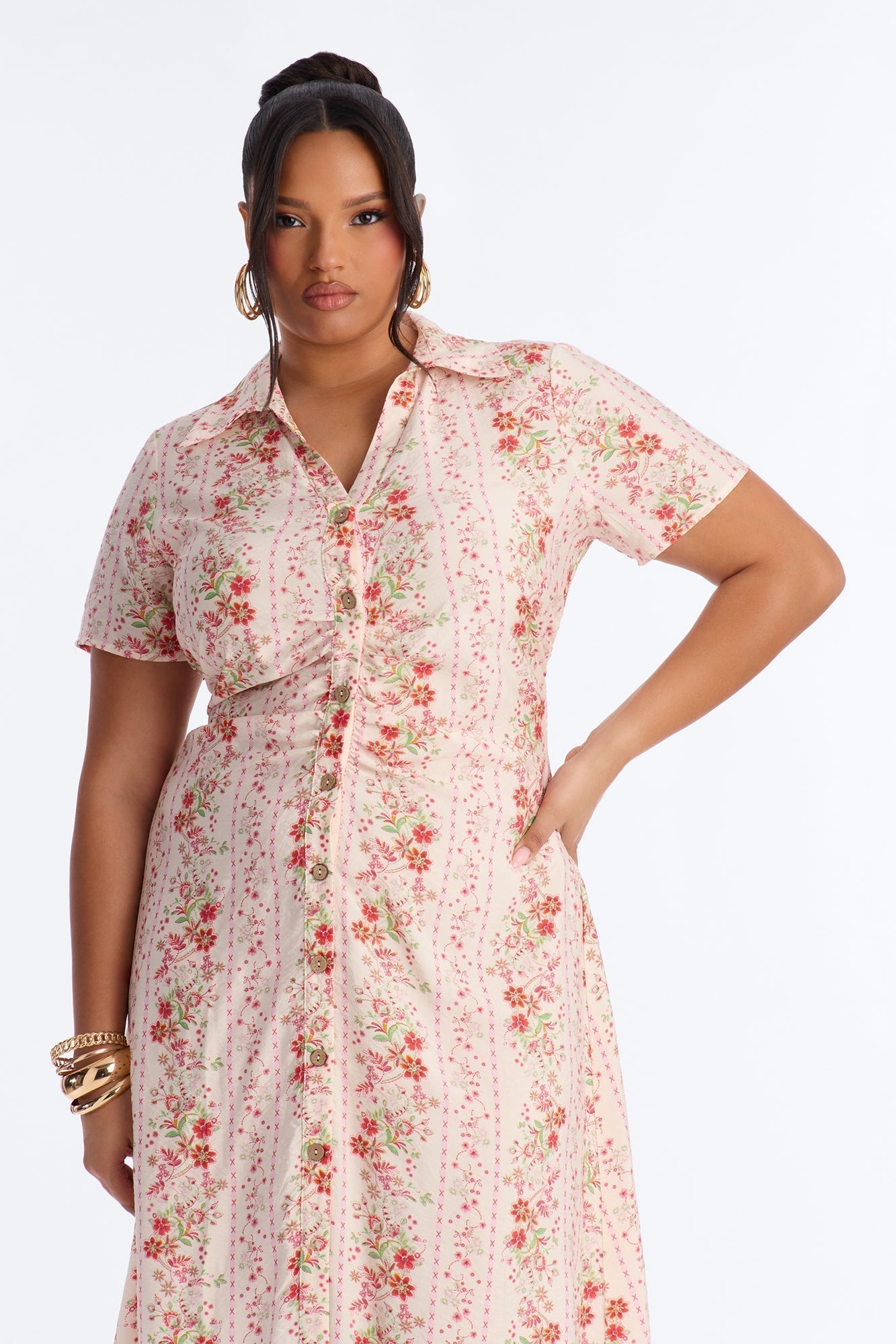 Selene Ruched Floral Midi Shirt Dress - Pink/combo