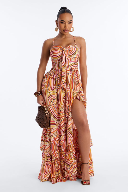 Amalfi Coast Satin Maxi Dress - Orange/combo
