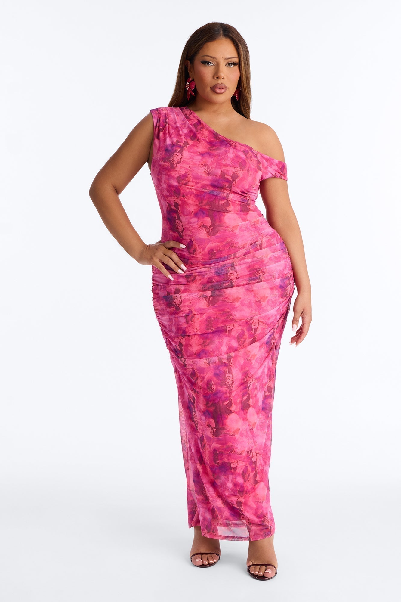 Natalia Ruched Mesh Maxi Dress - Pink/combo