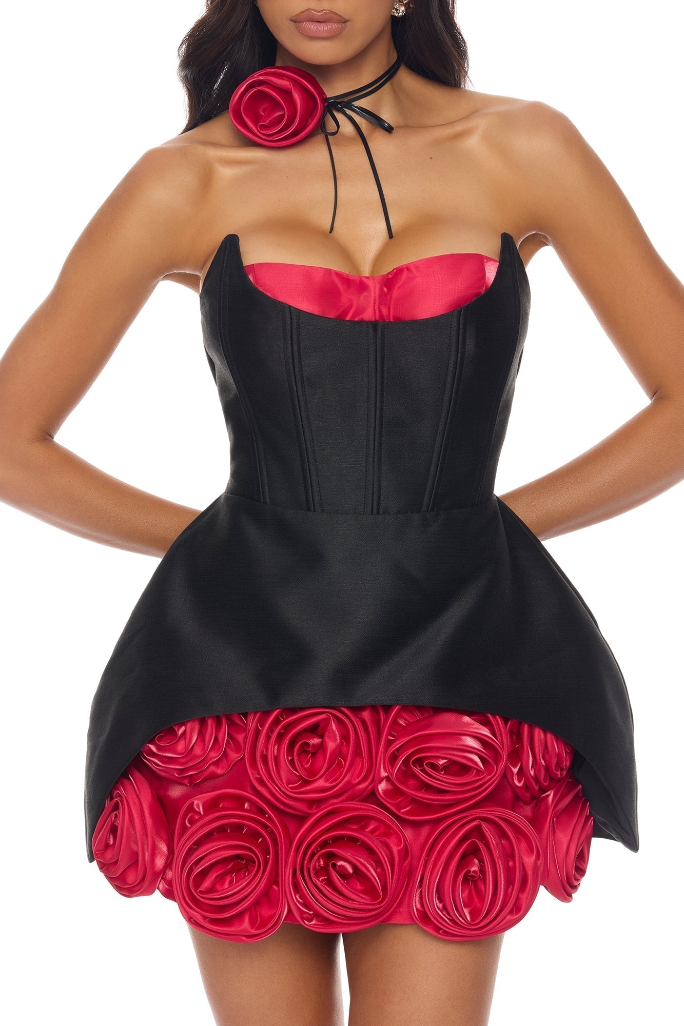 Dahlia Floral Applique Mini Dress - Black/Red