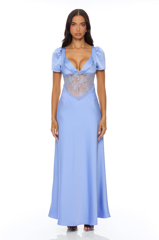 Lace Daydream Satin Maxi Dress - Light Blue