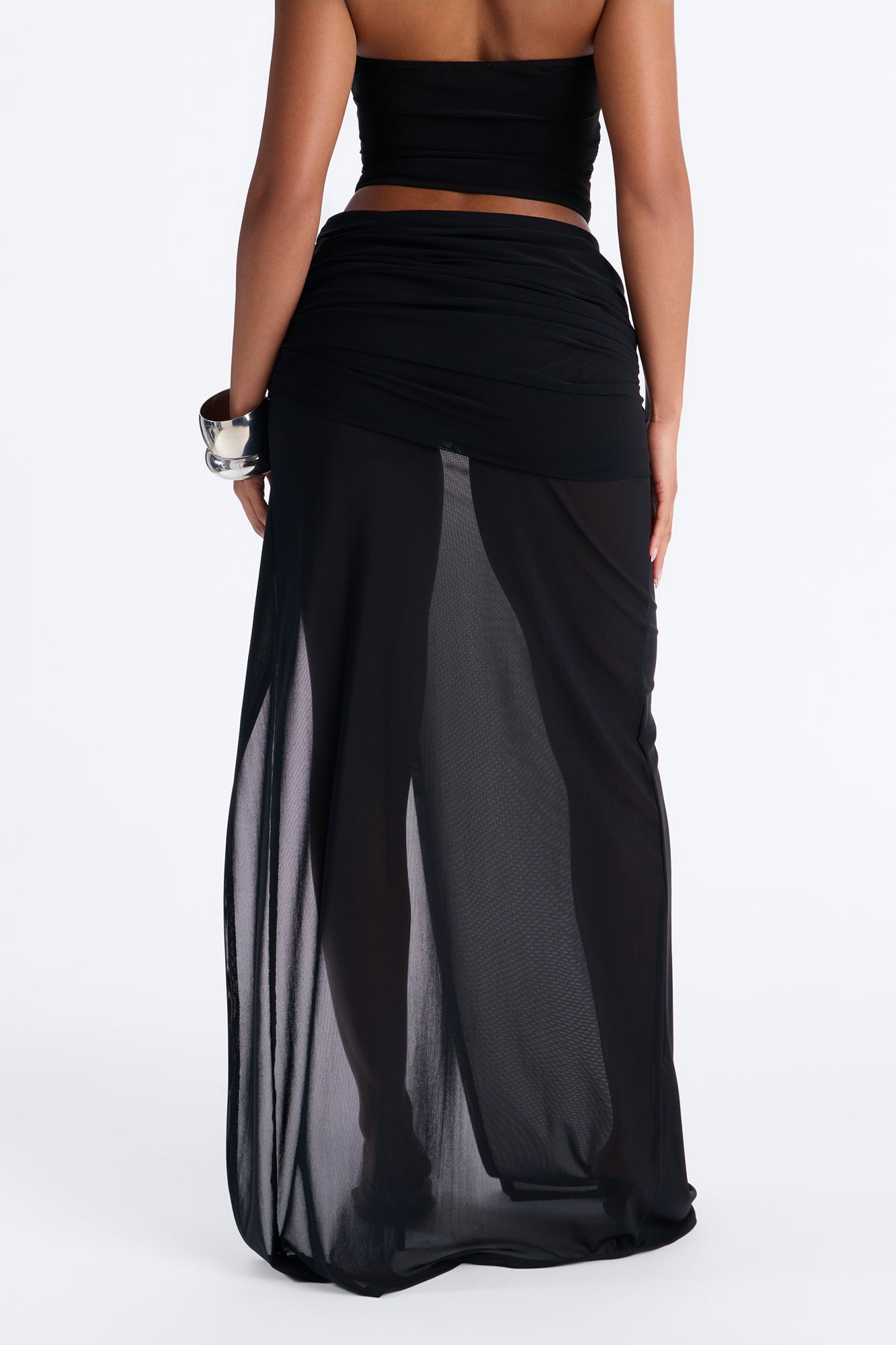 Stolen Moments Ruched Slit Mesh Maxi Skirt - Black