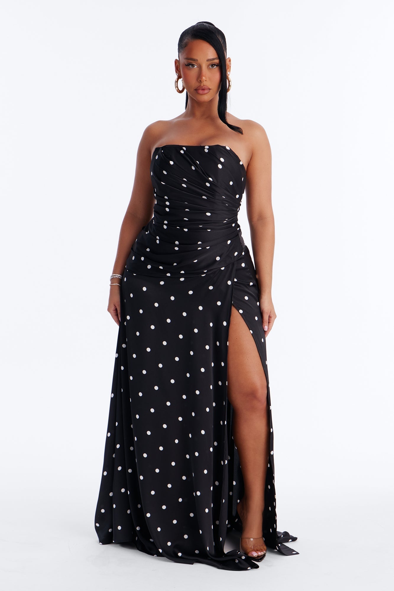 Cassie Satin Polka Dot Gown - Black/White