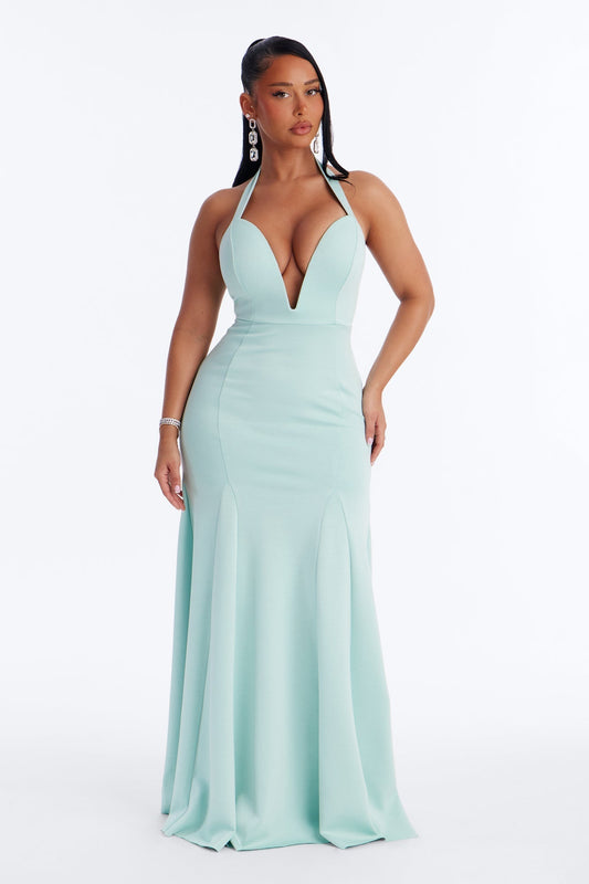 Yelena Halter Crepe Gown - Mint