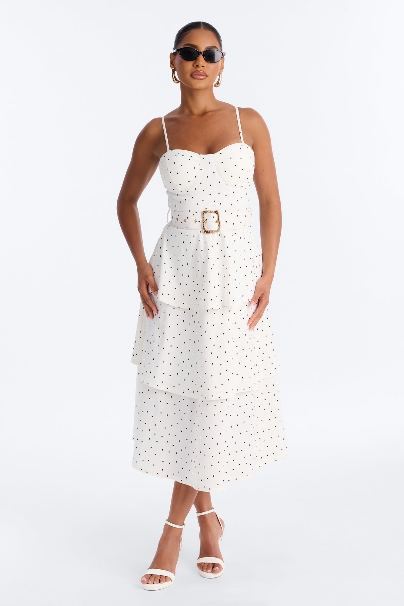 Jackie Ruffle Polka Dot Midi Dress - White/Black