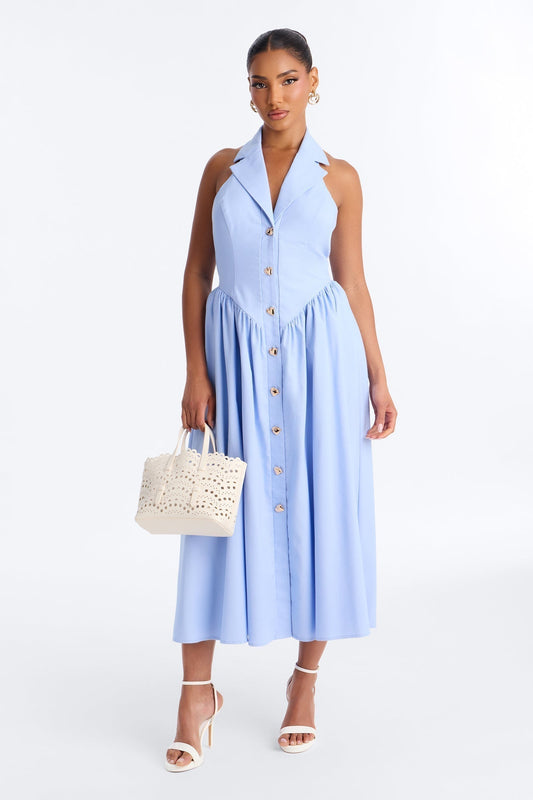 Giselle Collar Halter Midi Dress - Blue