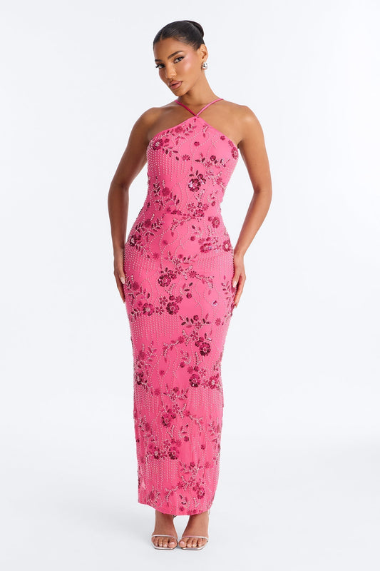 Josephine Embellished Mesh Maxi Dress - Hot Pink