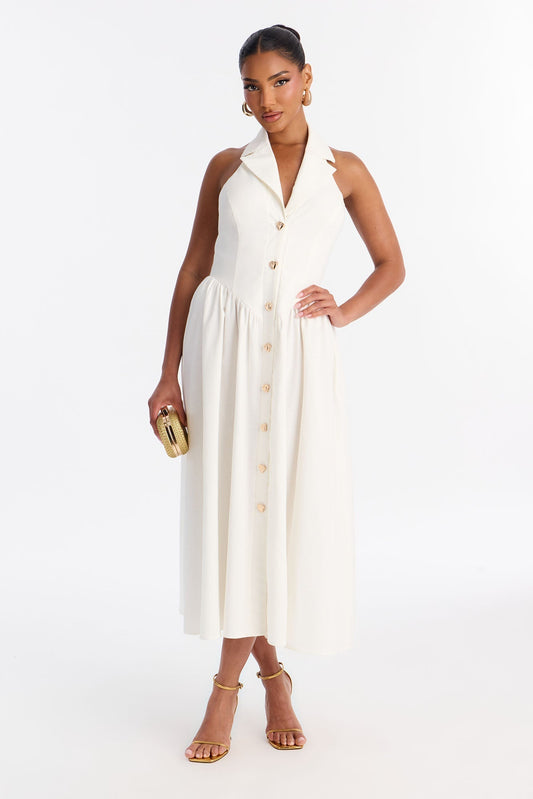 Giselle Collar Halter Midi Dress - White