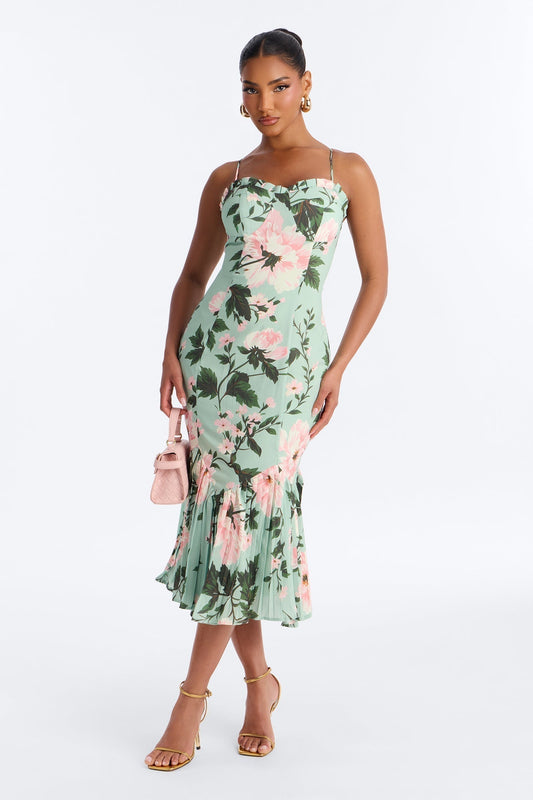 Izzy Floral Chiffon Midi Dress - Green/combo
