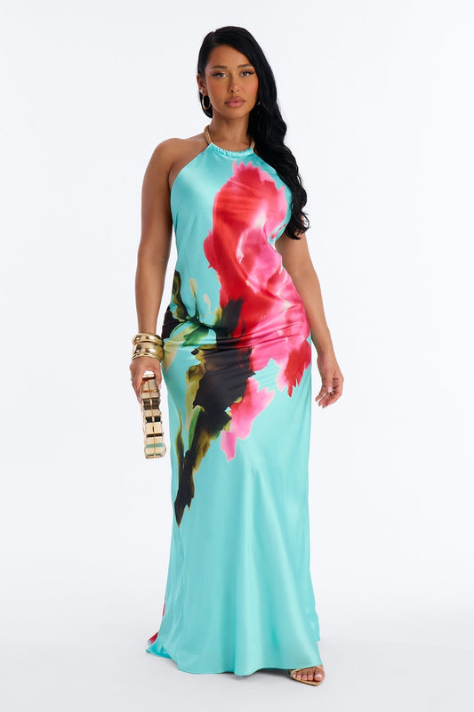 Cordelia Sleeveless Satin Maxi Dress - Turquoise/combo