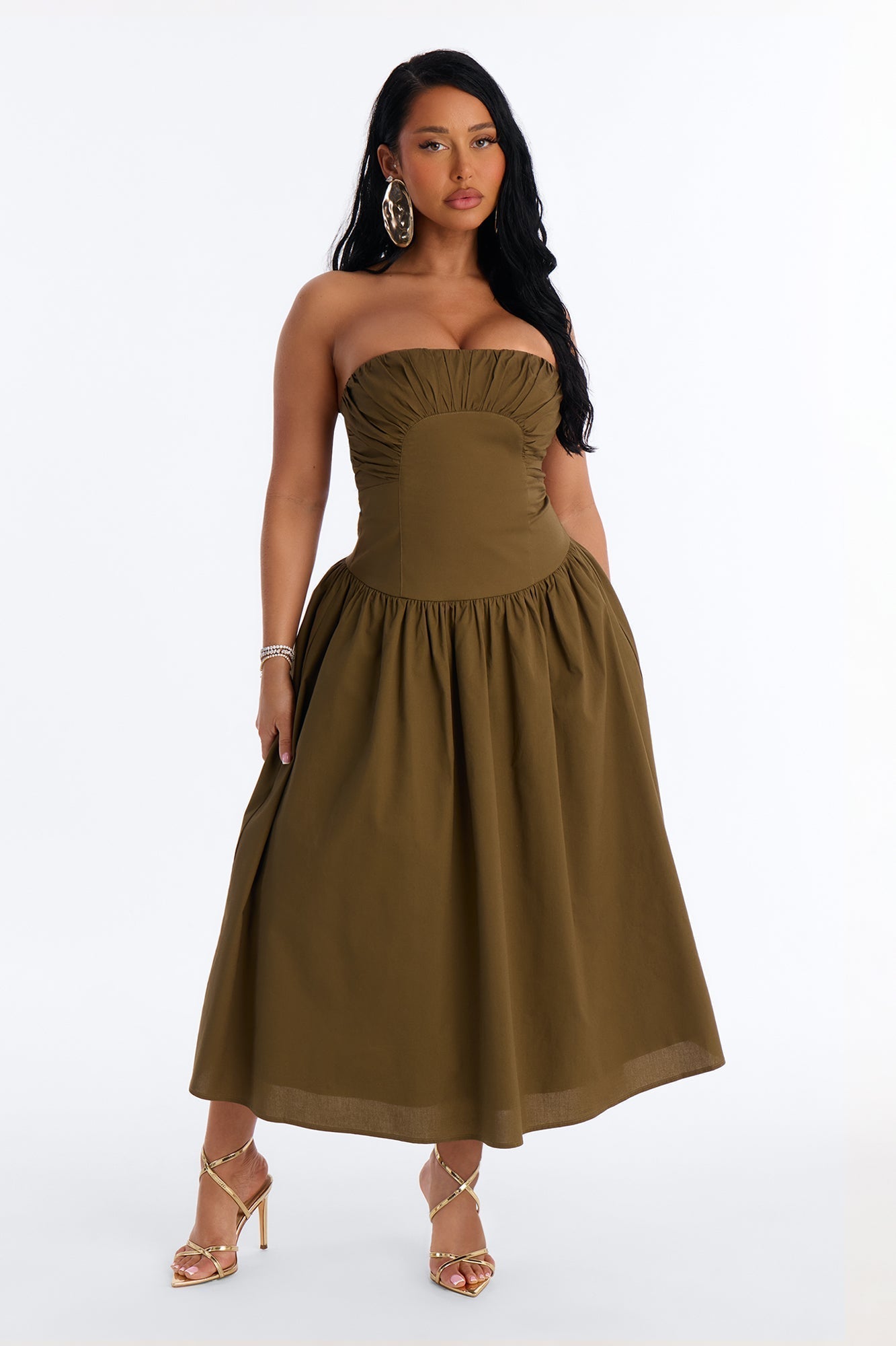Jana Strapless Pleated Midi Dress - Olive