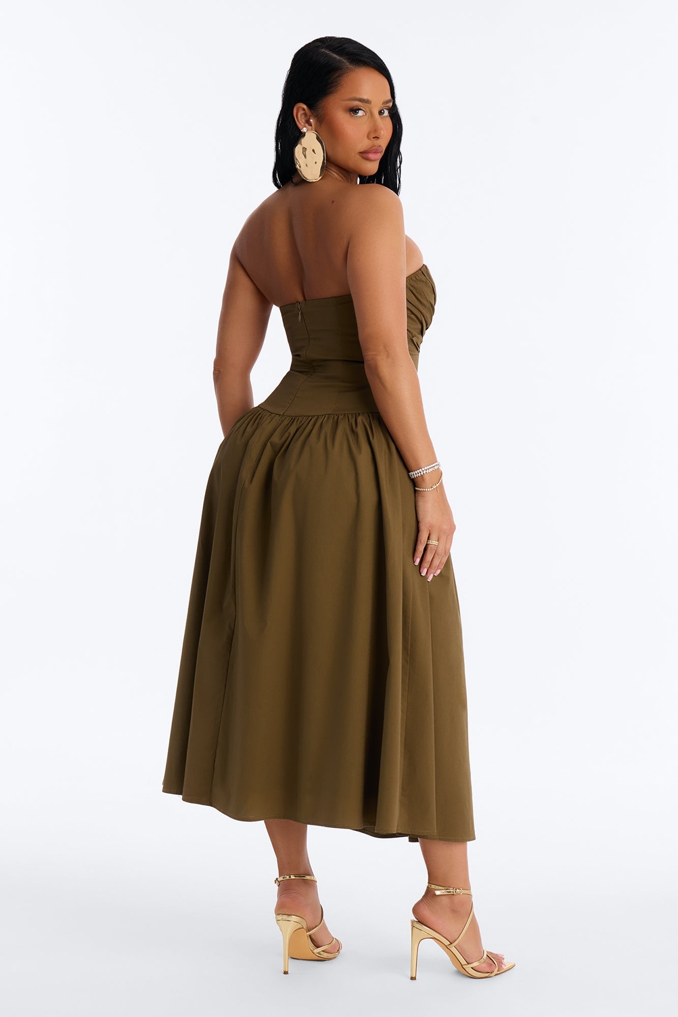 Jana Strapless Pleated Midi Dress - Olive