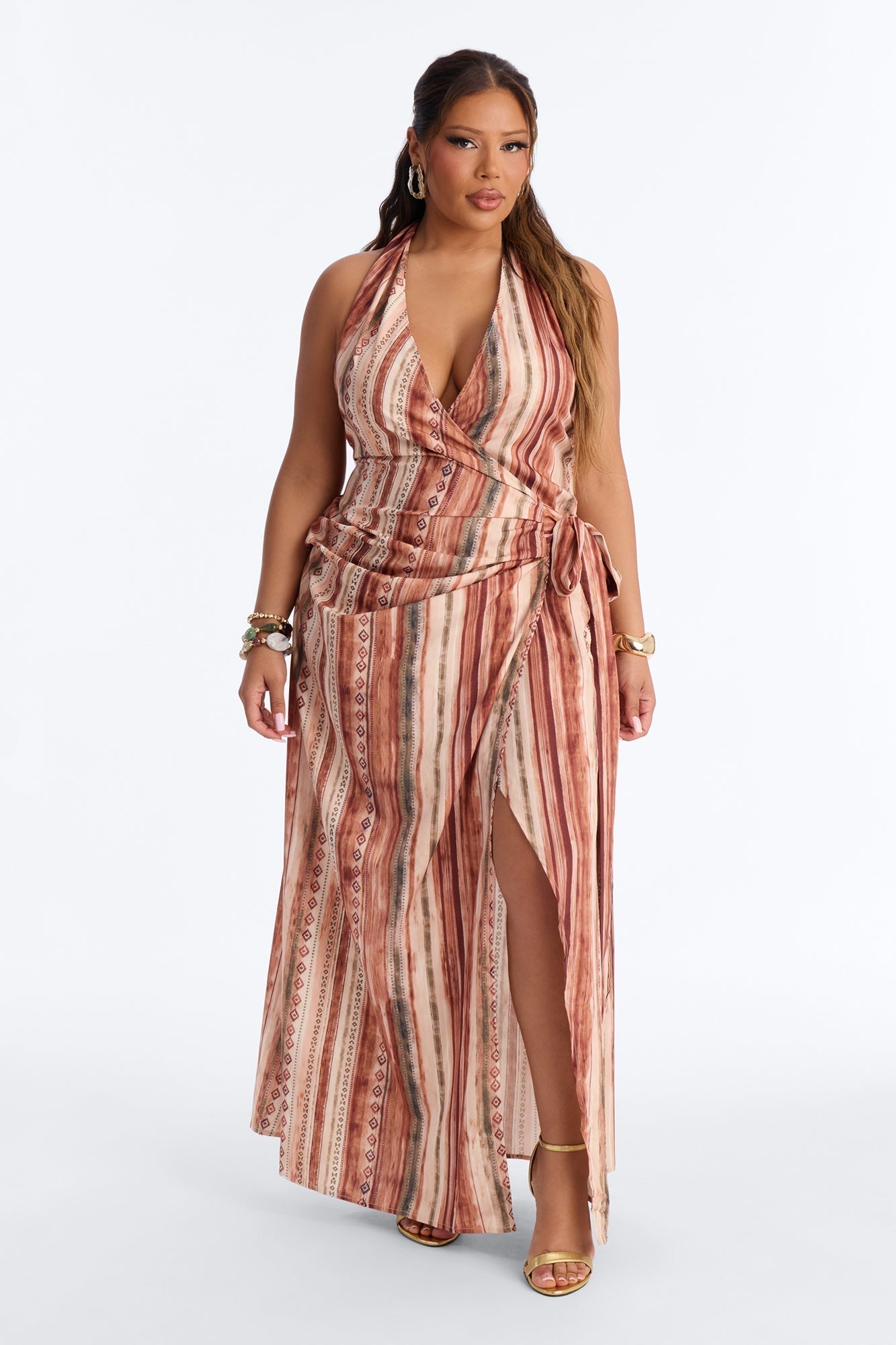 Laureen Wrap Halter Dress - Brown/combo