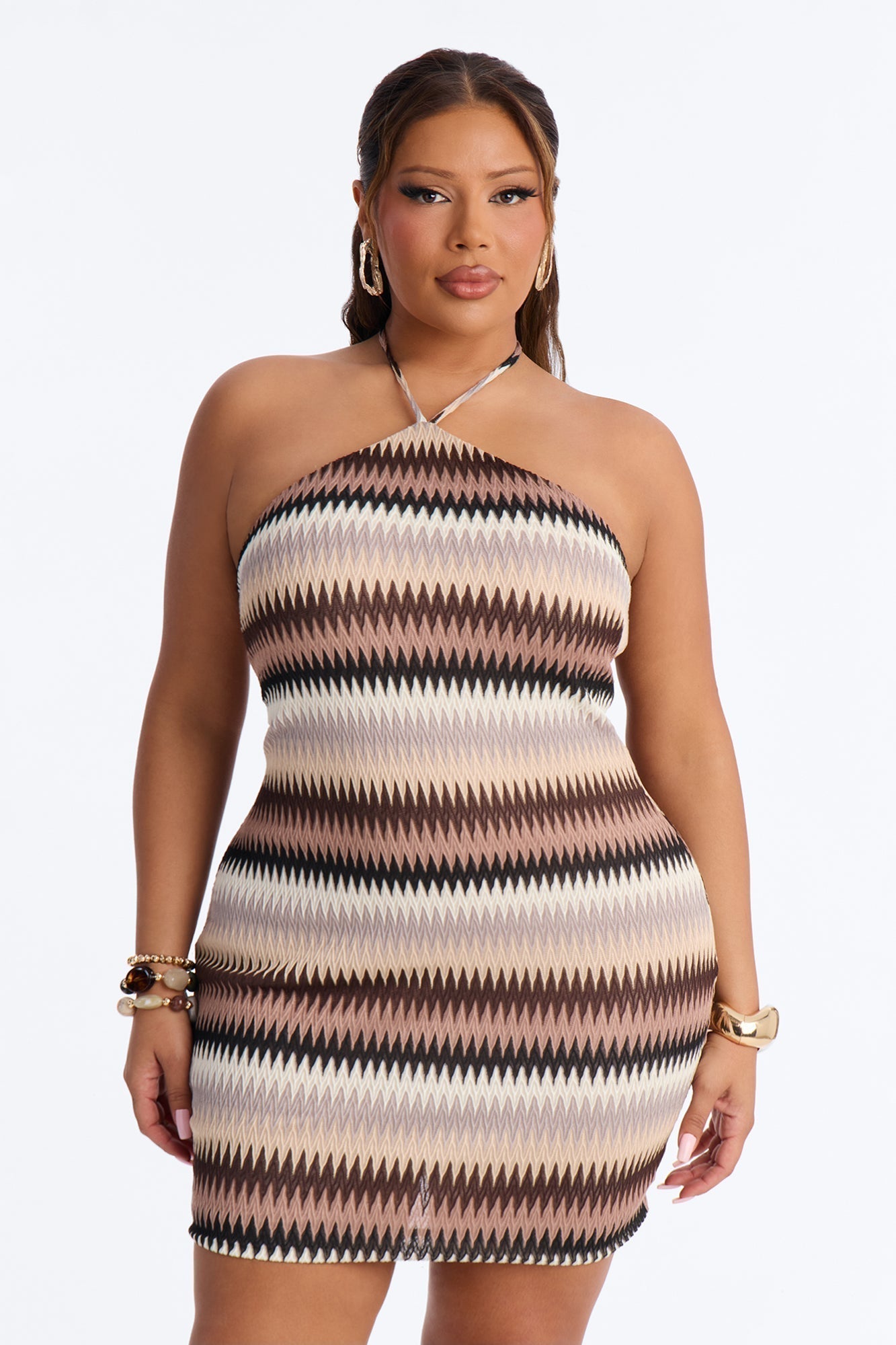 Off The Grid Chevron Crochet Mini Dress - Brown/combo