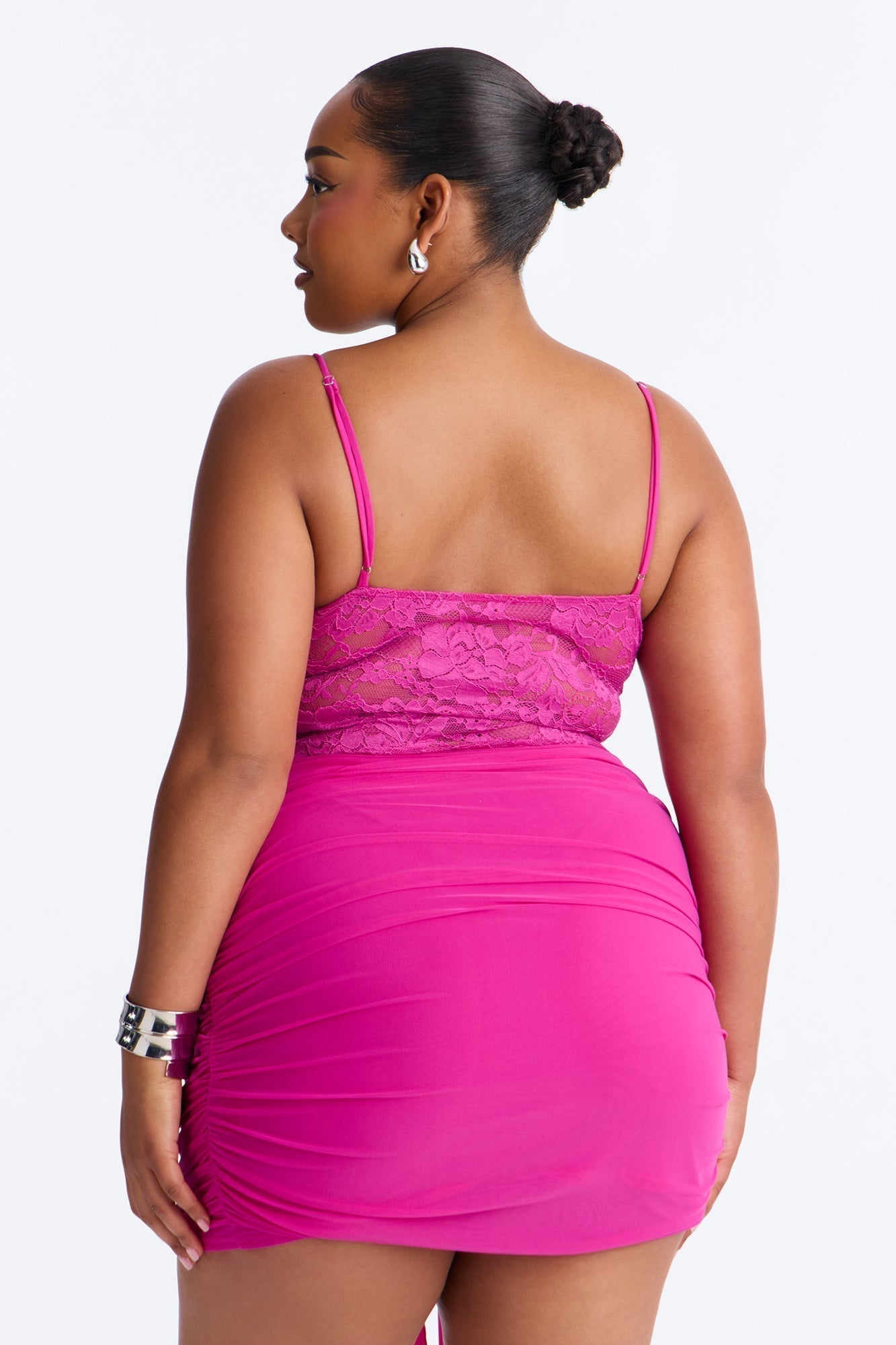 Madison Lace Cut Out Mesh Mini Dress - Fuchsia