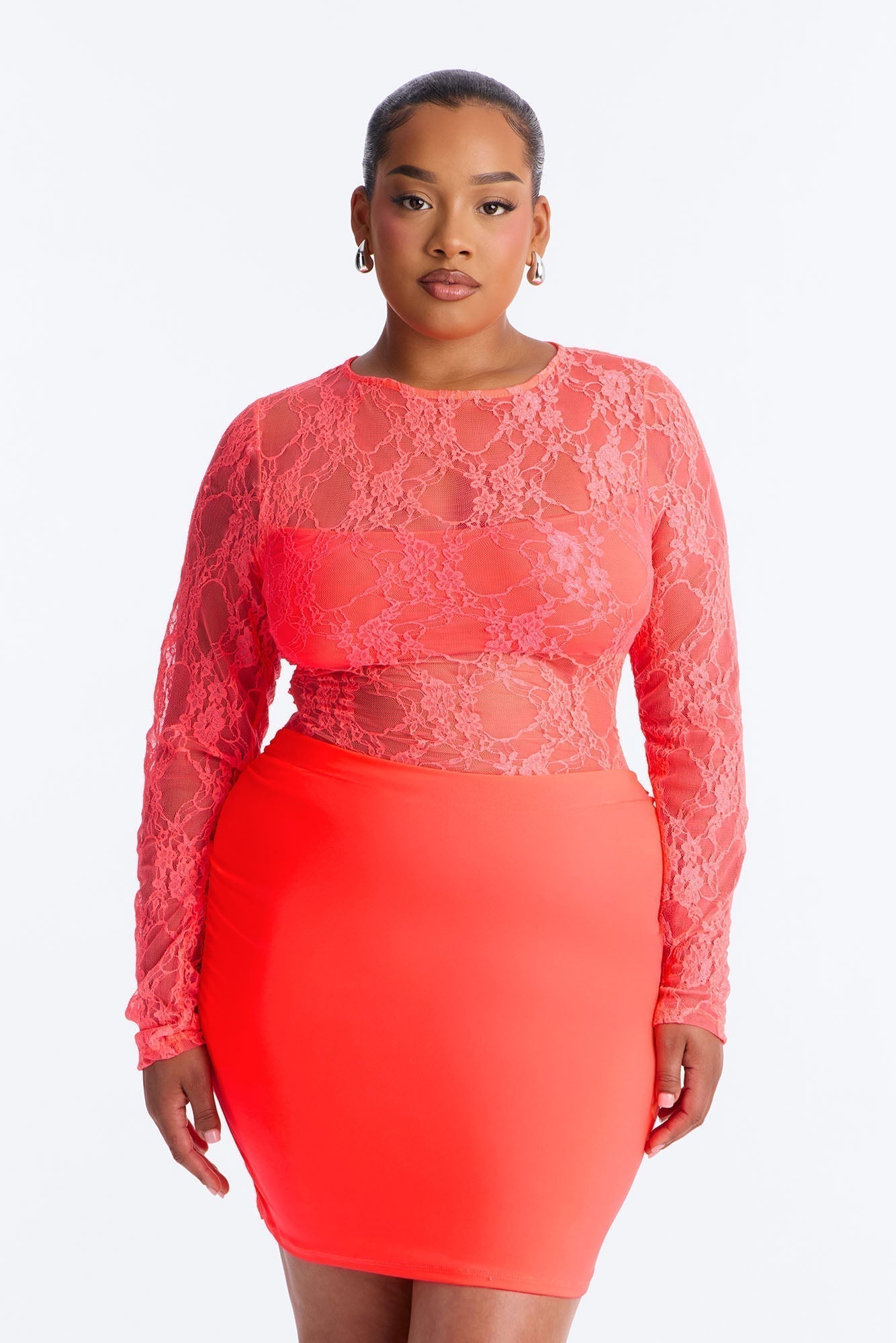 Sabina Sheer Lace Micro Mini Dress - Neon Coral