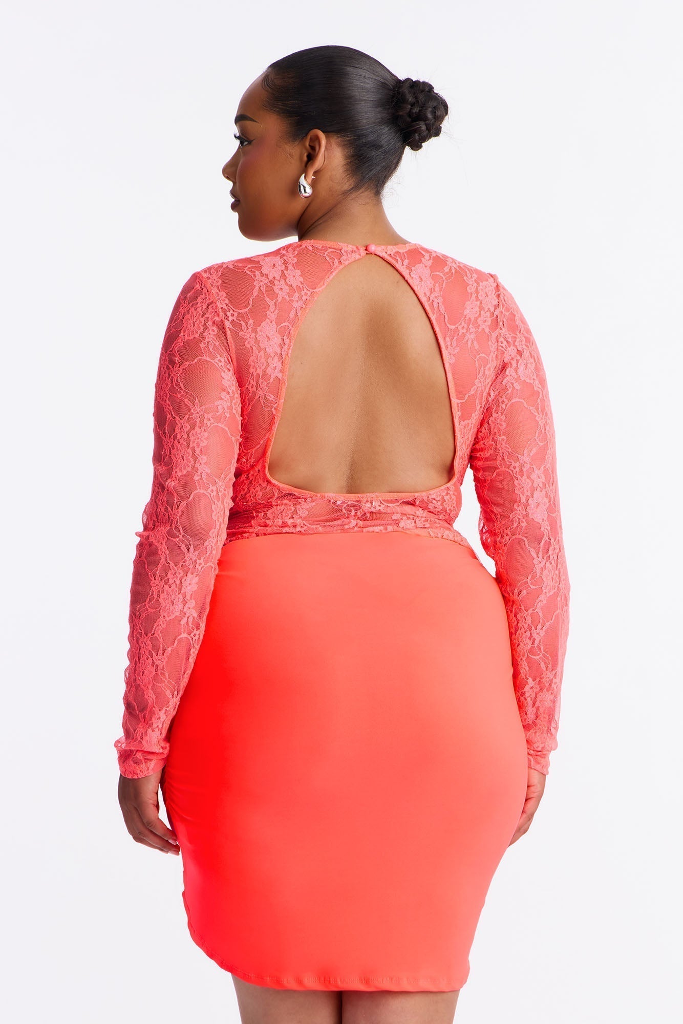 Sabina Sheer Lace Micro Mini Dress - Neon Coral