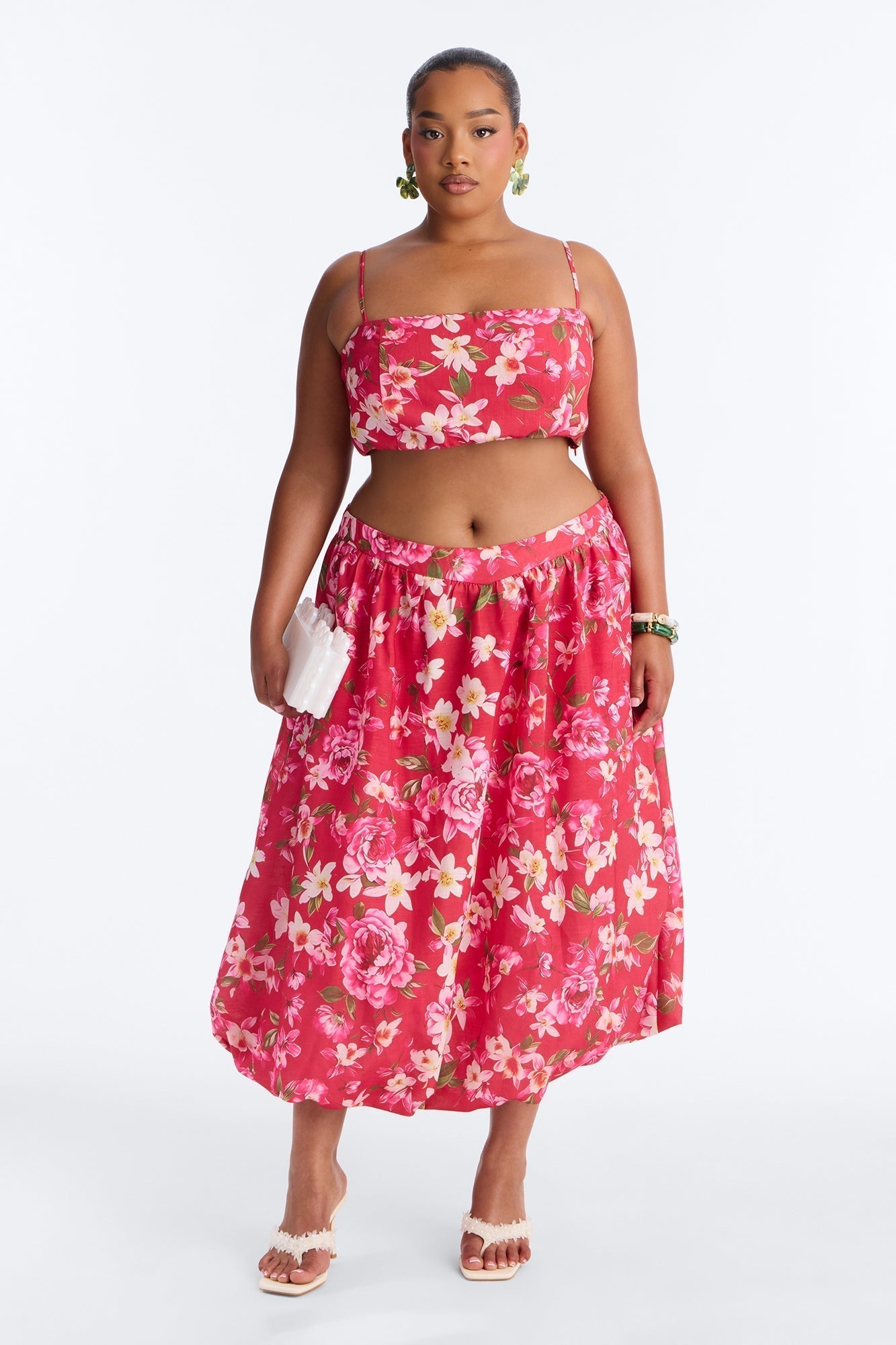 Yvete Floral Linen Bubble Hem Midi Skirt - Pink/combo