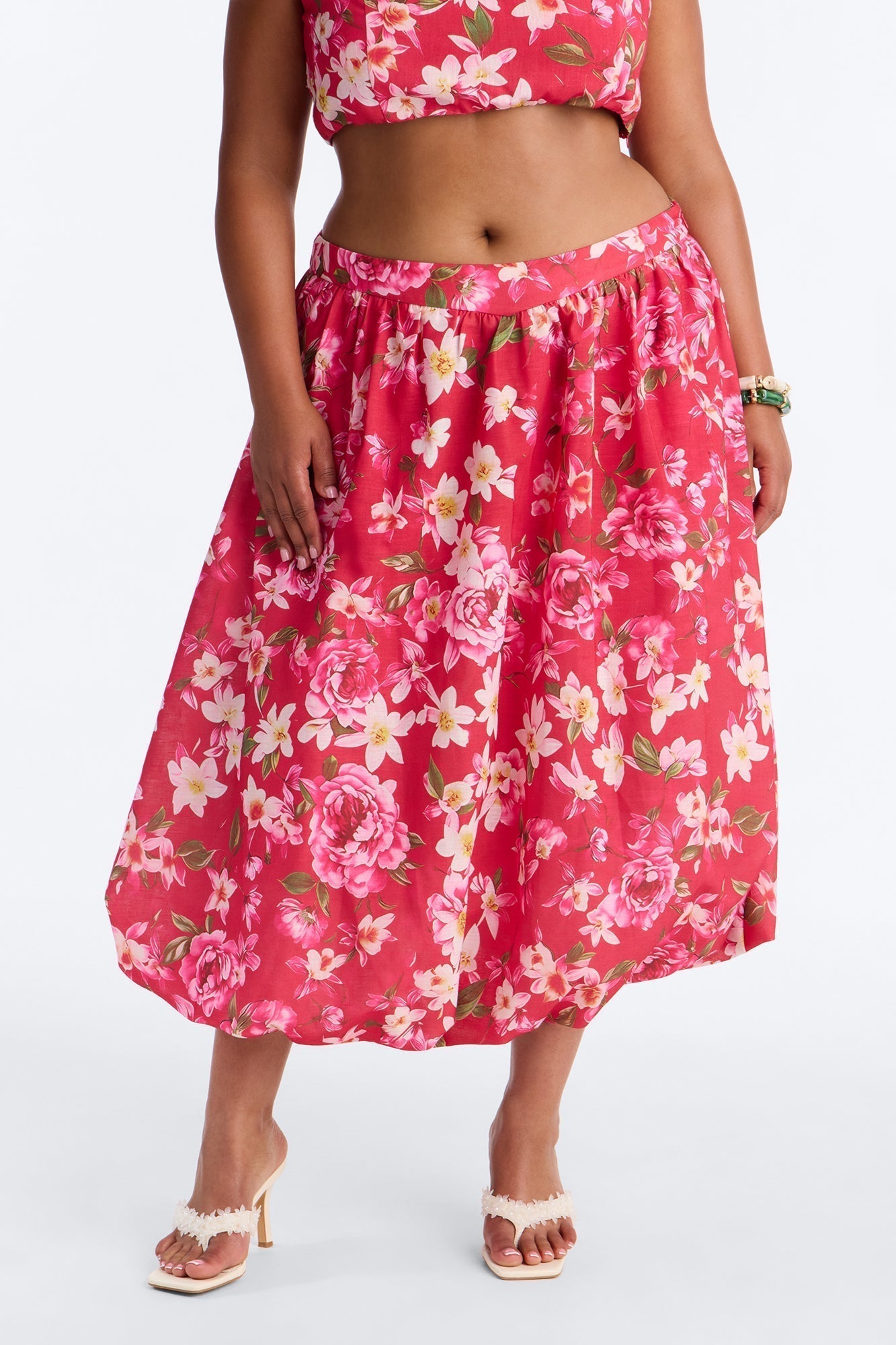 Yvete Floral Linen Bubble Hem Midi Skirt - Pink/combo