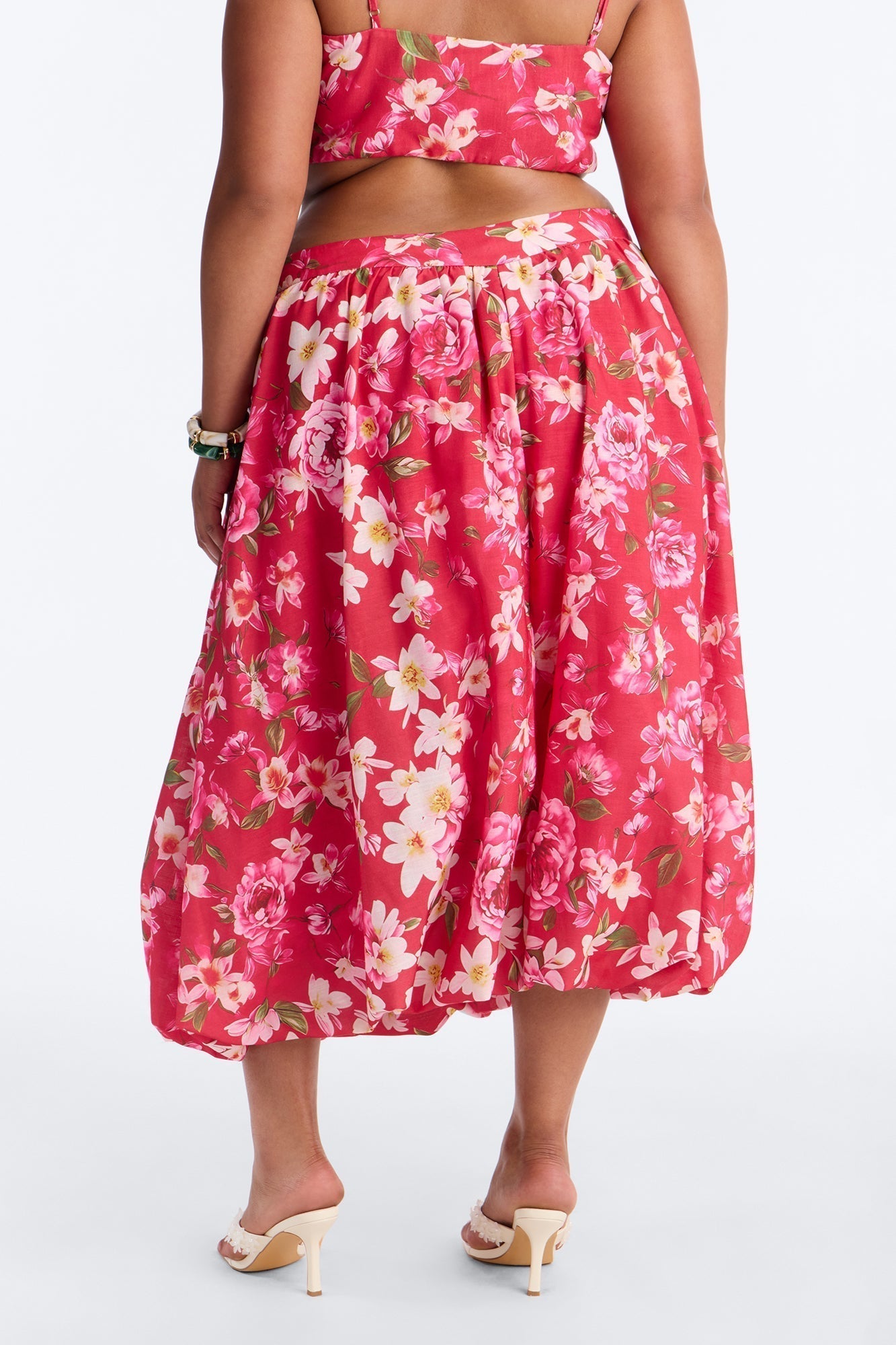 Yvete Floral Linen Bubble Hem Midi Skirt - Pink/combo