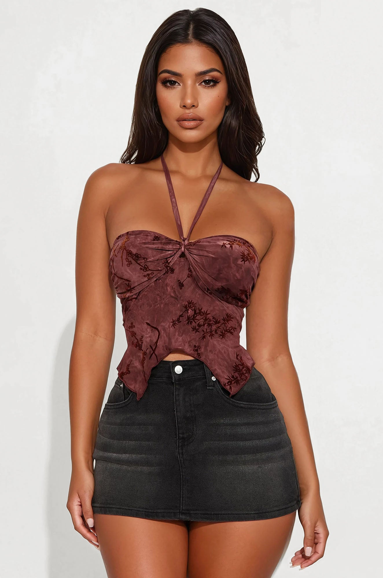 Erin Flocked Halter Top - Burgundy/combo