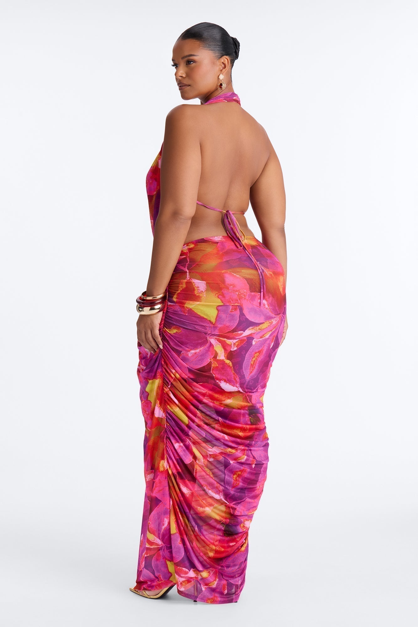 Kyla Halter Printed Mesh Maxi Dress - Magenta/combo