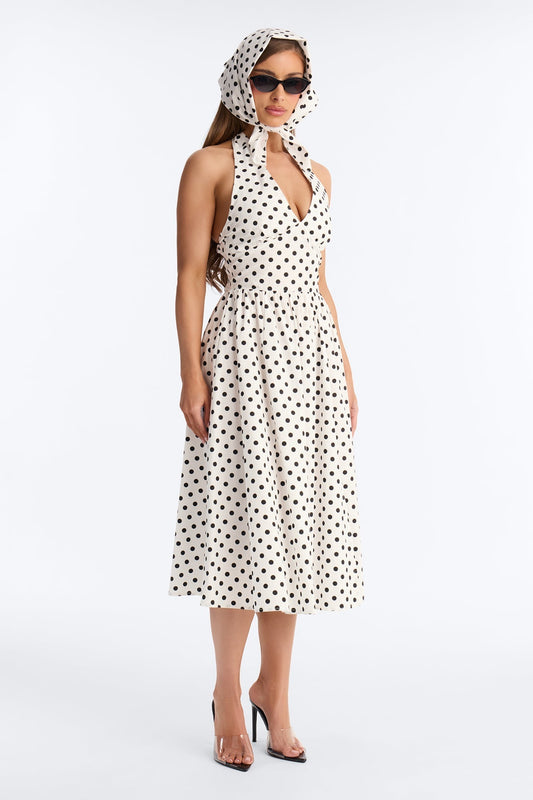 Darla Halter Polka Dot Midi Dress - White/Black