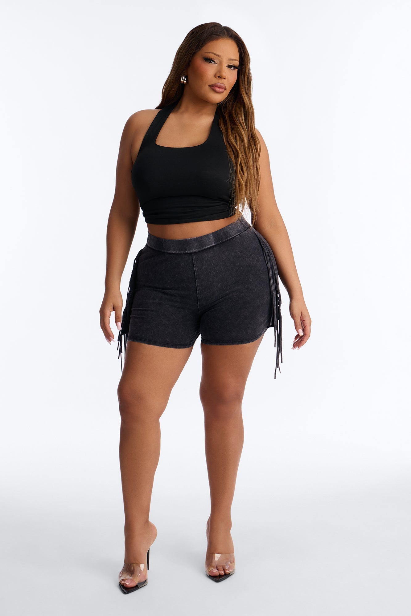 Shake It Up Washed Fringe Trim Biker Short 4″ - Black